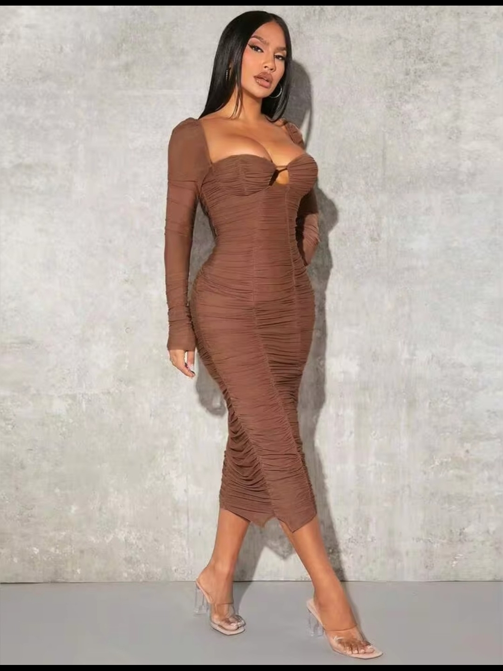 SHEIN Brown Ruched Long-Sleeve Bodycon Midi Dress